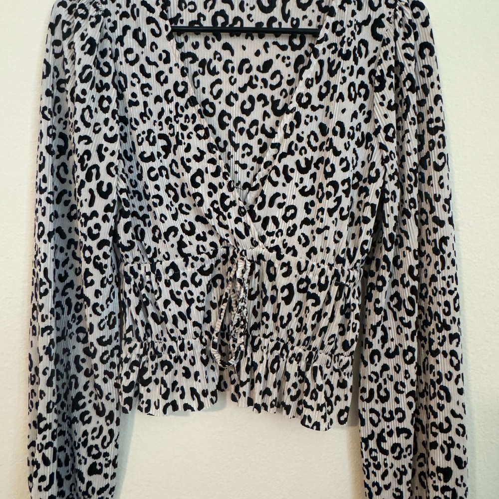 Zara Black and Cream Leopard-Print Wrap Blouse